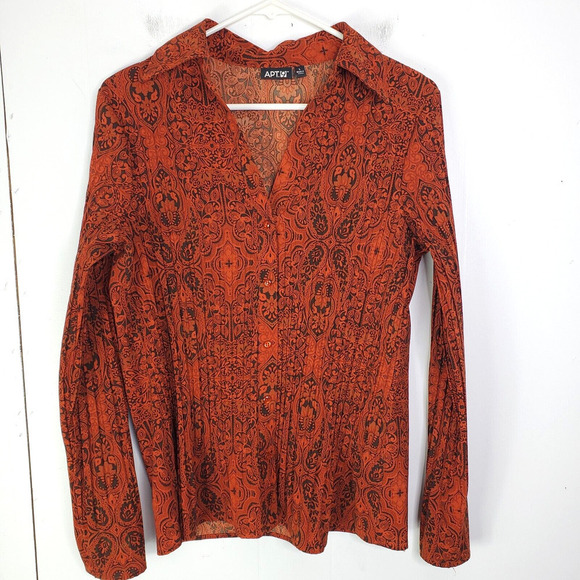 APT 9 Top Womens L Pleated Crinkle Grunge Dark Orange Y2K Paisley Lightweight - Picture 1 of 9